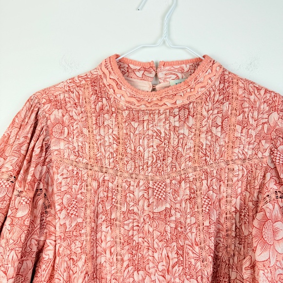 SUNDANCE Boho Smocked Floral Puff Sleeve Tunic Top Peach Coral - Picture 3 of 5
